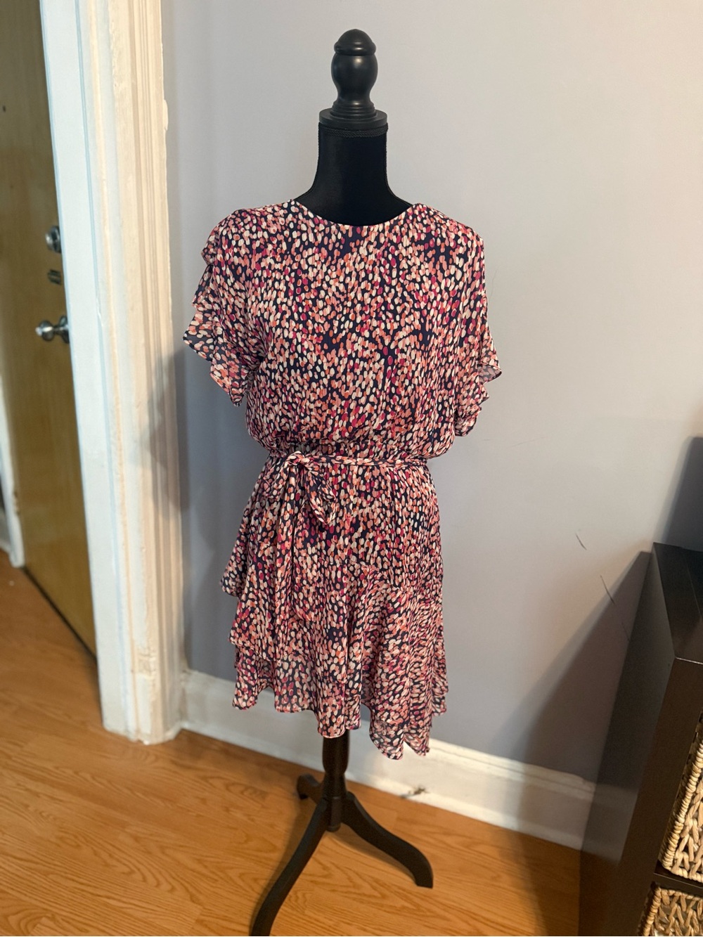 Aqua Navy and Pink Abstract Print Tie-Waist Dress